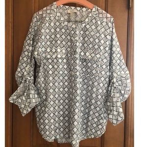 White henley-style cotton top/blouse, navy & tan print, LOFT outlet
